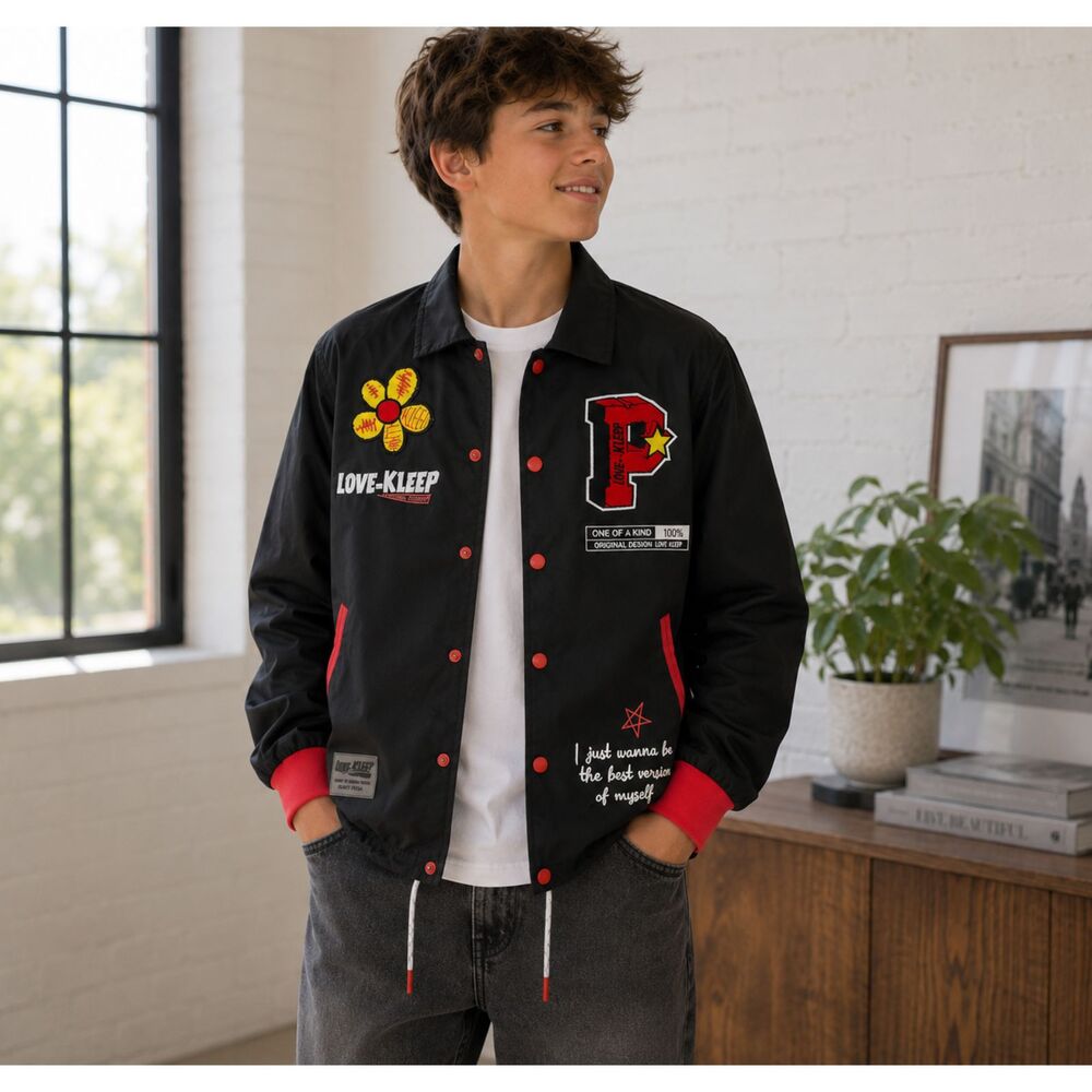 Kleep Youth "Love To Kleep" Snap Front Patch Black Bomber Jacket Boy's 13-14
